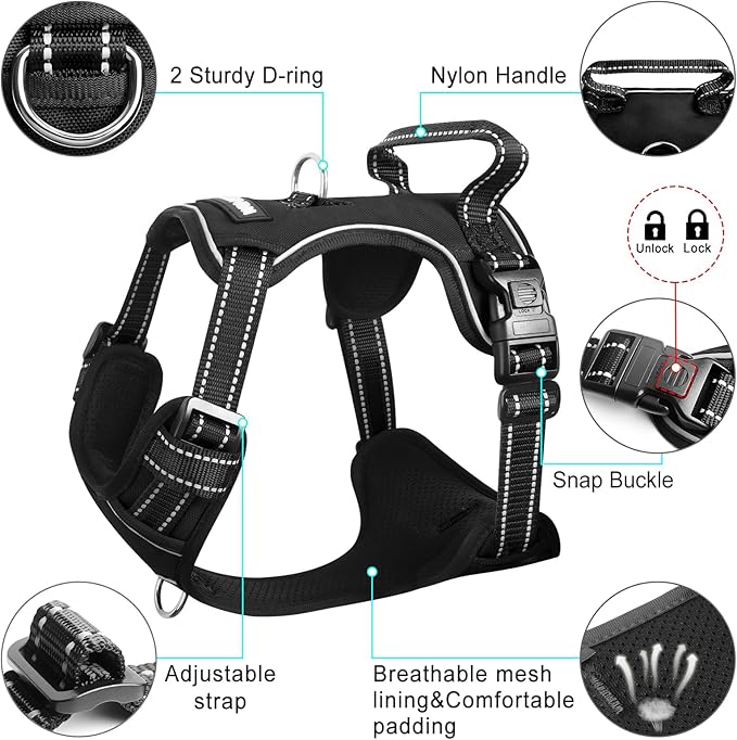 WINSEE Dog/Pet Harnesses No Pull with Dog Collar, Adjustable Reflective Oxford Outdoor Vest, Front/Back Leash Clips for Small, Medium, Large, Extra Large Dogs, Easy Control Handle for Walking