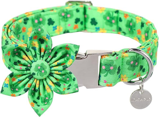 St. Patrick's Dog Collar with Flower, Cotton St. Patrick's Flower Collar for Girl Boy Dog, Lucky Shamrock Dog Collar with Metal Buckle, Green, Spring, XL