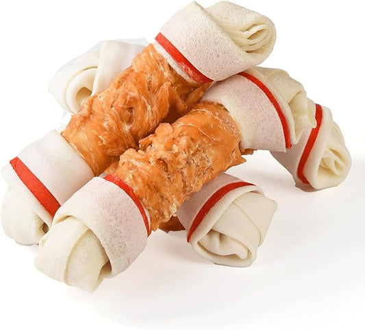 ASMPET Dog Chews Long Lasting, 6.5" Knotted Dog Bones Human Grade Natural Chicken Wrapped Rawhide Bones Teeth Cleaning for Small Medium Large Breeds （Packs of 4）