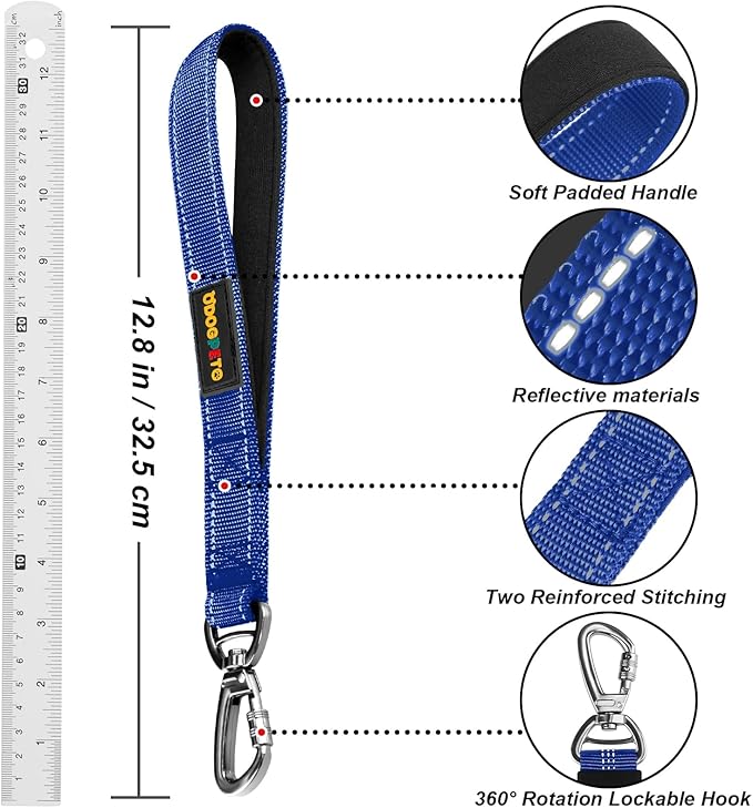 Dog Seat Belt Harness for Car, Dog Car Leash with Car Headrest & Buckle, Reflective Short Dog Leash, Pet 15 Inch Heavy Duty Leash for Dogs with Padded Handle & Locking Carabiner Clip, Ryoal Blue