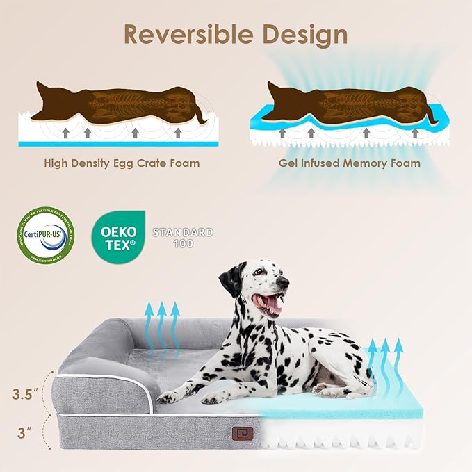 EHEYCIGA Orthopedic Dog Beds for Large Dogs, Waterproof Memory Foam Large Dog Bed with Sides, Non-Slip Bottom and Egg-Crate Foam Pet Couch Bed with Washable Removable Cover, Grey