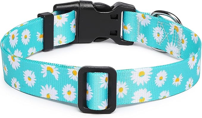 Adjustable Dog Collar with Patterns, Ultra Comfy Soft Nylon Breathable Pet Collar for Small Medium Large Dogs (M, Blue Daisy)