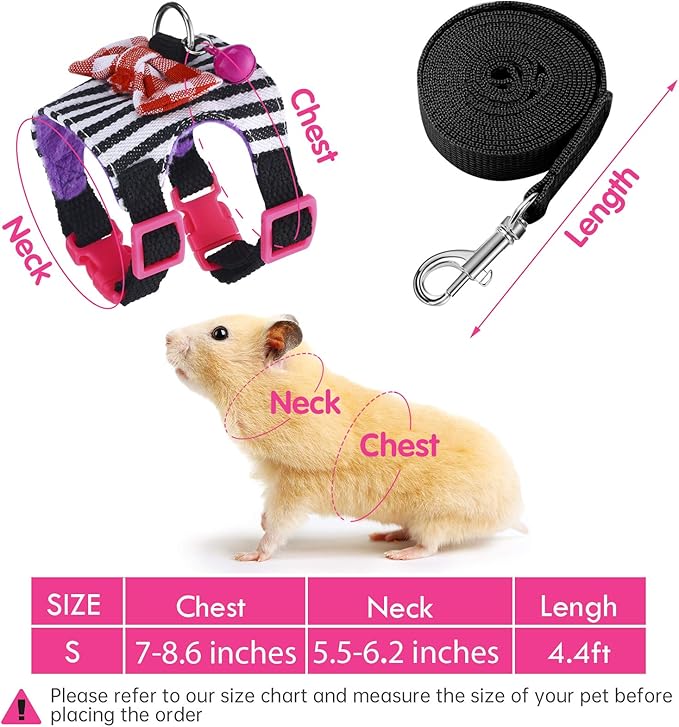 2 Pieces Hamster Harness and Leash Set for Walking, Small Guinea Pig Clothes with Bowknot Bell, No Pulling Comfort Padded Vest Striped for Guinea Pig Hamster Ferret, Small Animals (Blue, Black,S)