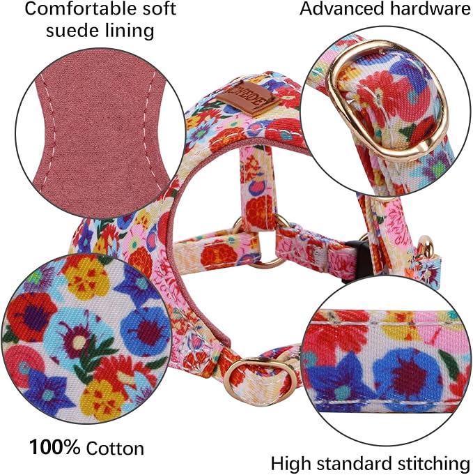 CHEDE No Pull Floral Pattern Dog Harness- Lightweight and Soft Dog Harness, Adjustable Small Dog Harness and Leash Set, with Dog Leash, Suitable for Puppy Small and Medium-Sized Dog