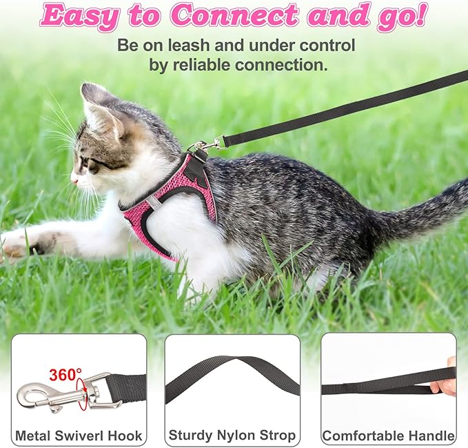 Cat Harness and Leash for Walking Escape Proof, Adjustable Kitten Vest Harness Reflective Soft Mesh Puppy Harness for Outdoor, Comfort Fit, Easy to Control (Pink, M)