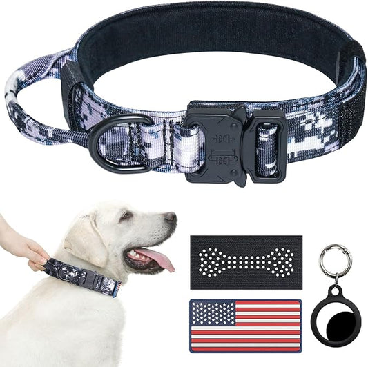 Hotsky Tactical Dog Collar, Adjustable Military Training Nylon Airtag Collar with Handle and Heavy Duty Metal Buckle for Medium Large Dogs, with Airtag Holder and Two Patches（M）