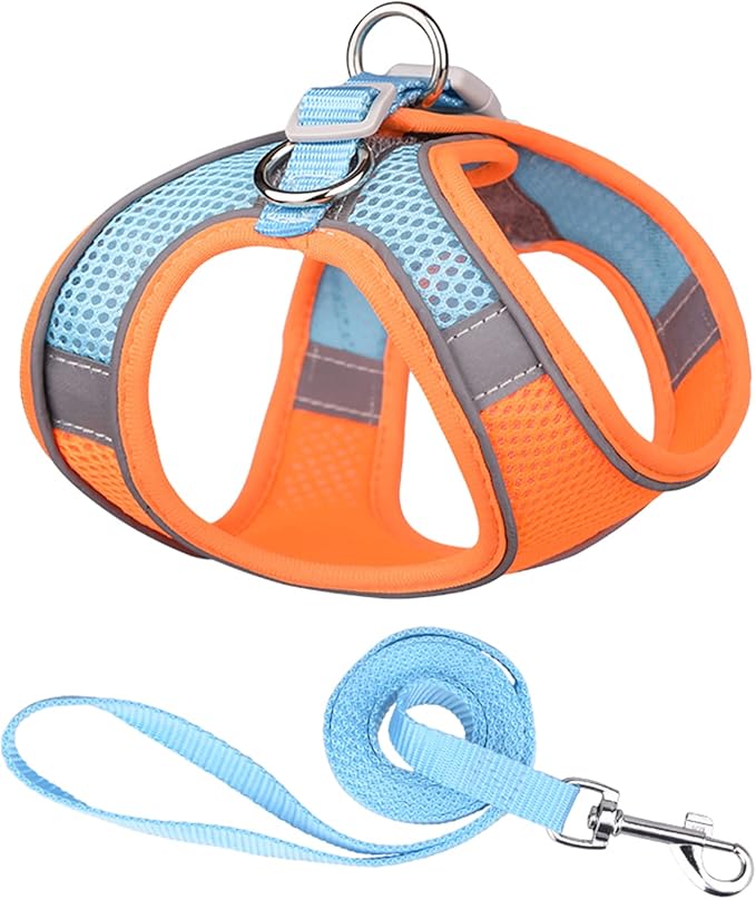 Soft Small Dog Harness and Leash Set Mesh Puppy Harnesses Leash Easy Walk Dog Harness Vest Adjustable Reflective No Pull Dog Harnesses for Small Dogs Cats (Orange Blue,XXS)
