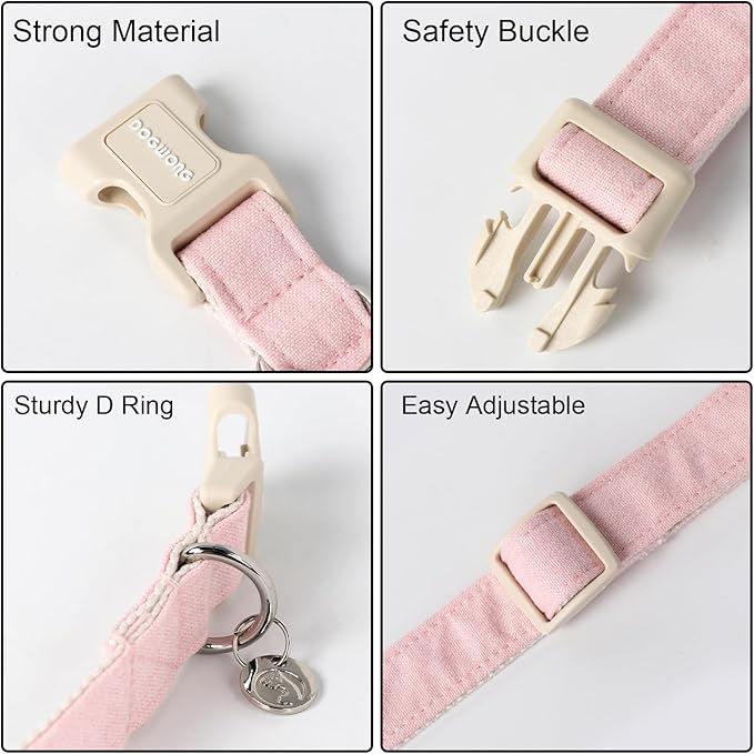 DOGWONG Cotton Hemp Dog Collar, Heavy-Duty Pink Dog Collar Adjustable Soft Natural Fabric Pet Cute Wedding Puppy Necklace for Small Medium Large Dogs