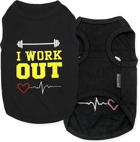 Parisian Pet Dog Tshirt - Embroidered “ I Work Out “ Dogs Apparel - 100% Cotton and Lightweight Dog Clothes - Sleeveless Black Doggy Tee Shirts - Machine Washable Shirts for Medium Dogs - Pet Vest - M