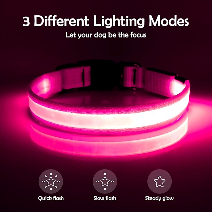 Vizpet LED Dog Collar, Light Up Dog Collar Adjustable USB Rechargeable Super Bright Safety Light Glowing Collars for Dogs (X-Large, Pink)