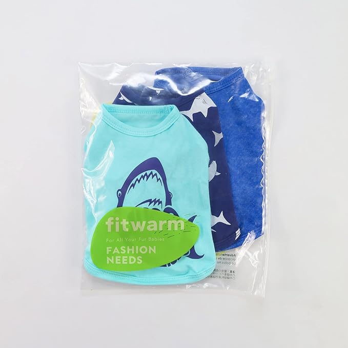 Fitwarm 3 Pack Shark Dog Shirt, Summer Dog Clothes for Small Dogs Boy Girl, Lightweight Pet Tshirt, Cat Outfit, Light Blue, Navy Blue, Royal Blue, Medium