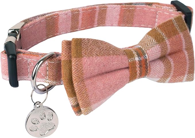 ADOGGYGO Pink Plaid Dog Collar with Detachable Bowtie, Adjustable Soft Plaid Pink Collars for Small Medium Large Female Dogs (Small)