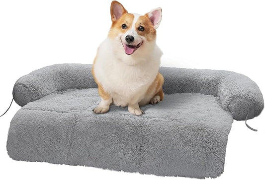 Calming Dog Bed Couch Cover Washable- Fluffy Plush Dog Mat for Furniture Protector for Small Big Dogs Cats, Light Grey