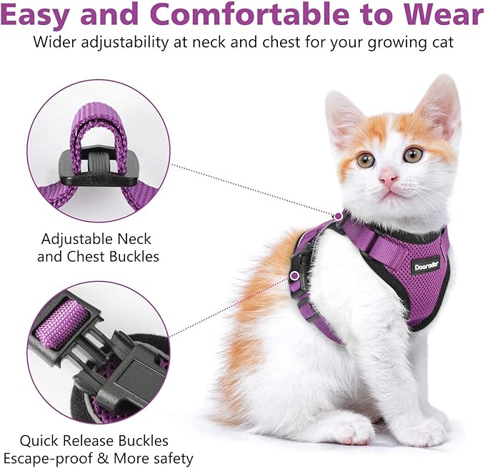 Dooradar Cat Harness and Leash Set, Escape Proof Safe Adjustable Kitten Vest Harnesses for Walking, Easy Control Soft Breathable Mesh Jacket with Reflective Strips for Cats, Purple, S