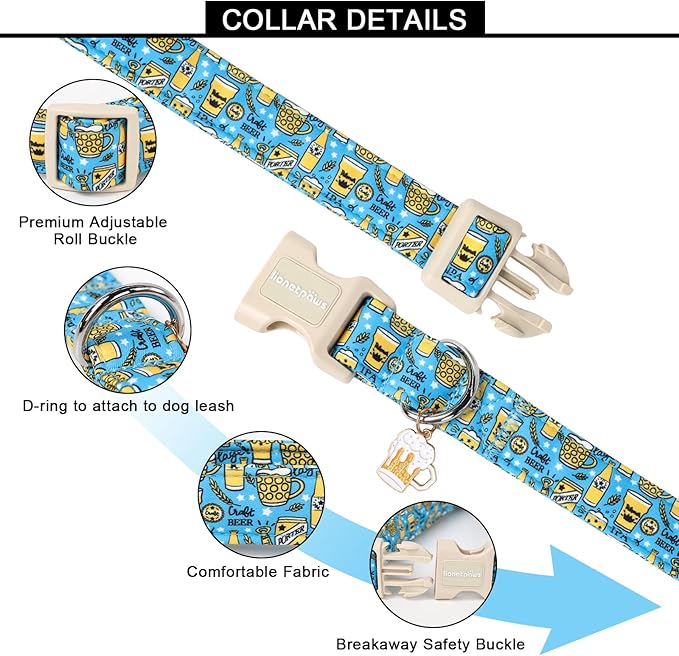 Lionet Paws Summer Dog Collar- Cute Beer Dog Collars with Plastic Buckle,Blue Yellow Light Adjustable Dog Collars for Small Dogs