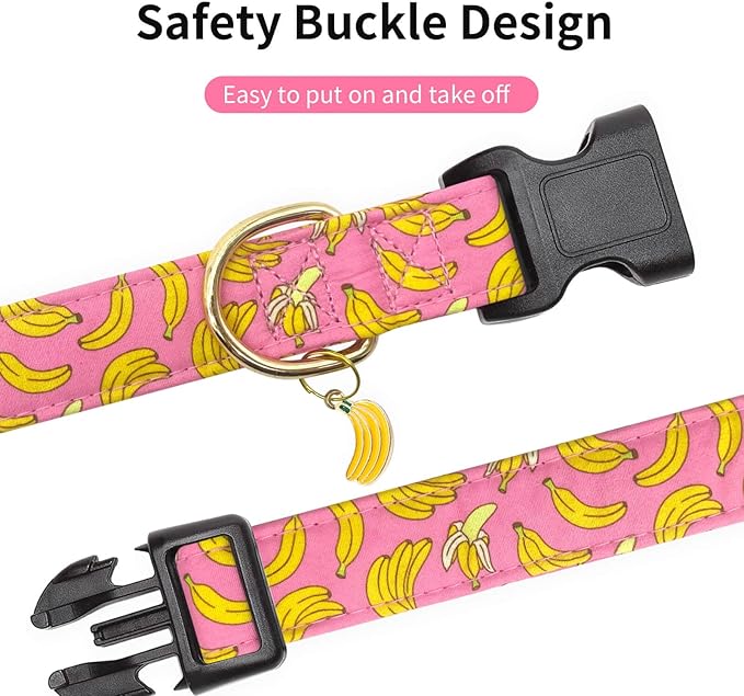 Cotton Dog Collar,Soft and Cute Puppy Collars with Banana Patterned Design for Girl Female Boy Dogs,Adjustable Buckle Pet Collar for Small Medium Large Dogs (Pink Banana, S)
