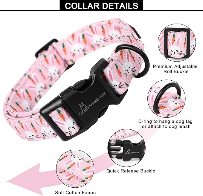ARING PET Easter Dog Collar-Cute Pink Rabbit Dog Collars, Adjustable Cotton Carrot Pet Collar Puppy Collars with Quick Release Buckle