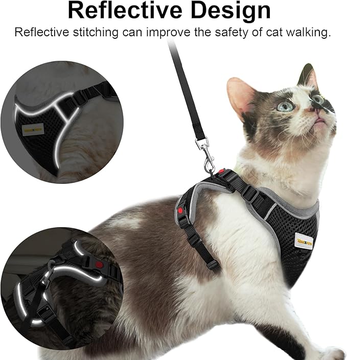 Cat Harness and Leash for Walking, Retractable Cat Harnesses and Leash Set Escape Proof, Breathable Soft Kitten Small Large Harness for Travel Training and Walking, Black, S