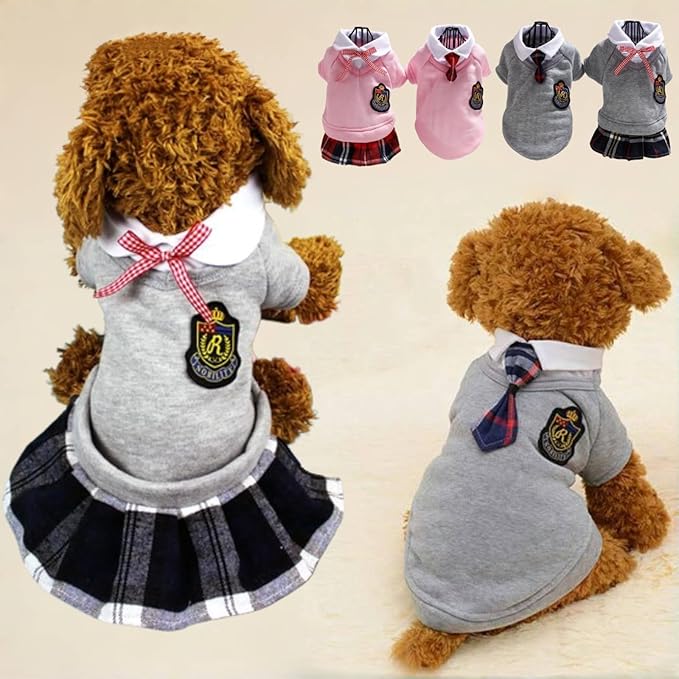 Pet Uniform School Skirts Sailor Costume Dog Campus Clothes Teddy Cute Bowtie Adorable Puppy Apparel (X-Small,Gray Dresses)