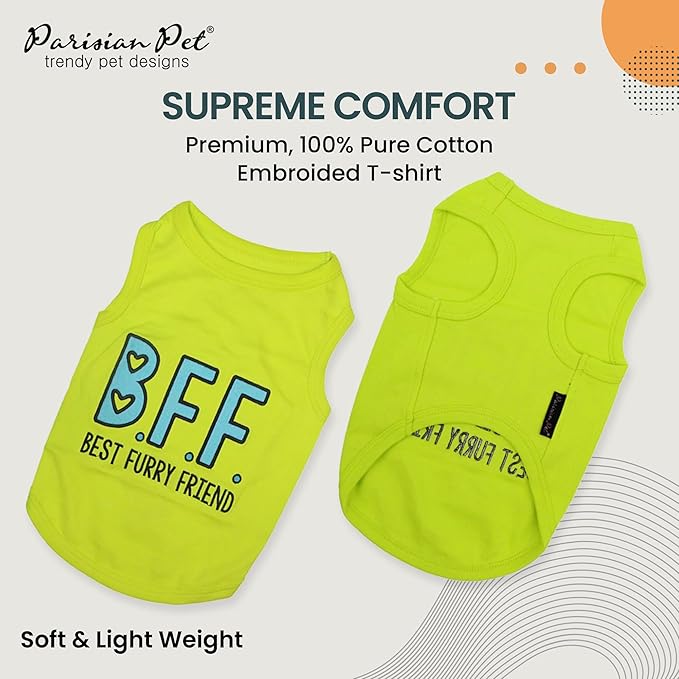 Parisian Pet Dog Tshirt - Embroidered “BFF (Best Furry Friend)“ Dogs Clothes - Lightweight Dog Tank Top - Sleeveless Doggy Tee Shirts - Machine Washable Shirts for Medium Dogs - M