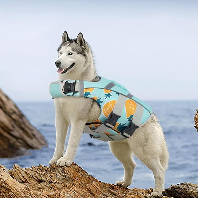 Kuoser Dog Life Jacket XL, Large Dog Life Vests for Swimming Boating, Reflective Dog Water Vest with High Flotation, Dog Swim Vest for Large Dogs, Pineapple XL