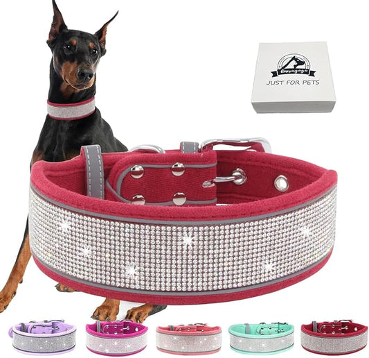 Bling Diamond Dog Collar for Females Girls,Soft Velvet Leather with Fancy Sparkly Crystal Rhinestones,Reflective Stripe,Suit Medium Large Dogs (Red, L)