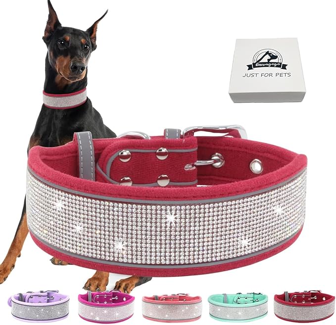 Bling Diamond Dog Collar for Females Girls,Soft Velvet Leather with Fancy Sparkly Crystal Rhinestones,Reflective Stripe,Suit Medium Large Dogs (Red, M)