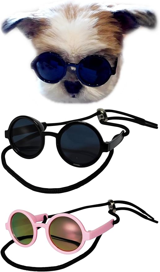 G016 Dog Cat Pet Round Sunglasses Goggles for Small Breed Dogs up to 15lbs (2-Pack Black + Pink-Pink mr)