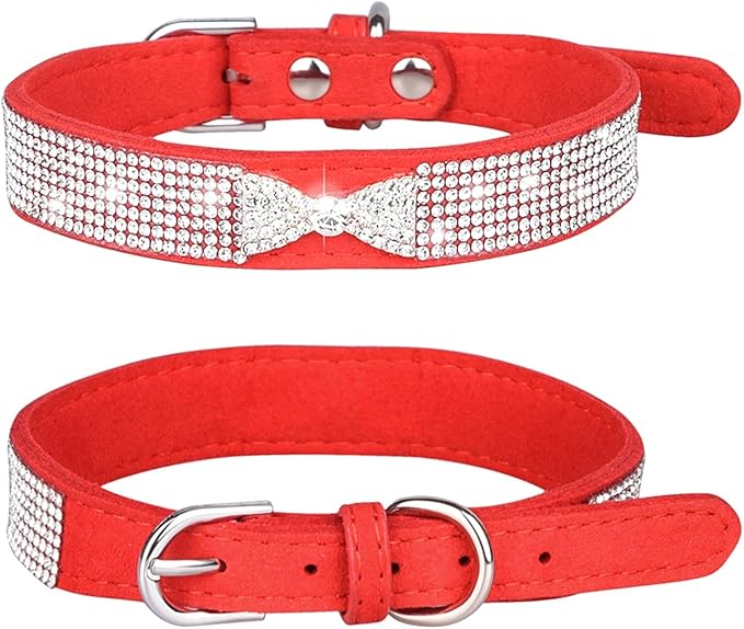 Rhinestone Dog Collar, Cute Dazzling Sparkling Soft Suede Leather Dog Cat Rhinestone Collar Crystal Diamond Pet Dog Puppy Collar (L, Red-2)