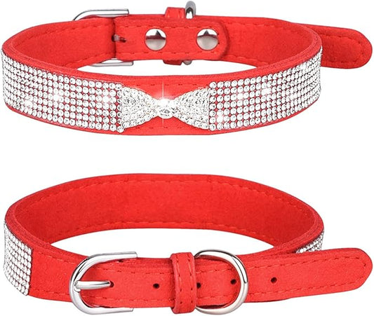 Rhinestone Dog Collar, Cute Dazzling Sparkling Soft Suede Leather Dog Cat Rhinestone Collar Crystal Diamond Pet Dog Puppy Collar (M, Red-2)