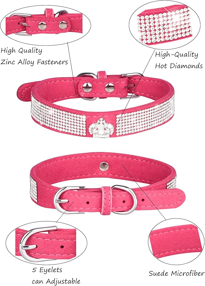 Dog Collar for Small Dogs, Adjustable Leather Suede Bling Dog Collars，Pink Dog Collar Cat Collar, Rhinestone Dog Collar (L, Rose red3)