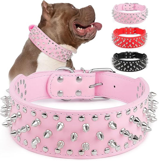 Epesiri Adjustable Wide Spiked Dog Collars, Mushroom Rivet PU Leather Cat Dog Collar, Durable Spike Studded Pet Collar for Small Medium Large Breed, PitBull Mastiff Bulldog Pugs Husky Rottweiler, Pink