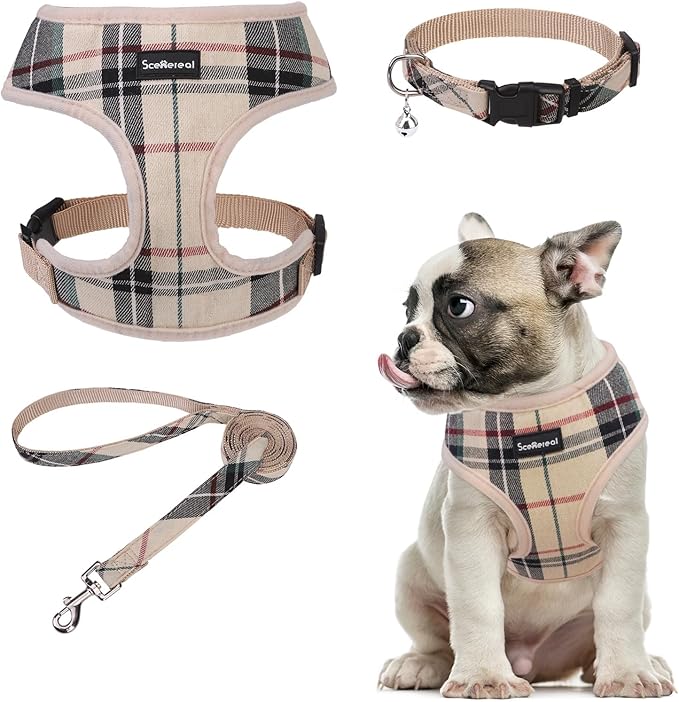SCENEREAL No Pull Dog Harness Collar and Leash Set Small Medium Sized Dog, Soft Mesh Step in Puppy Harnesses, No Chock Plaid Adjustible Pet Vest for Outdoor Walking Training and Running