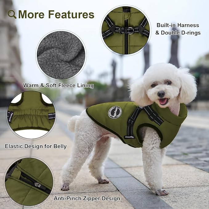 Warm Dog Winter Coat, Windproof & Waterproof Jacket with Built-in Harness, Reflective & Adjustable Comfortable Pet Vest for Small Dogs (Green)