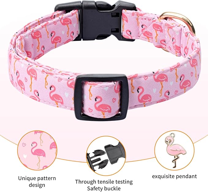 Cotton Dog Collar,Adjustable Cute Puppy Collar with Moon Patterned Design for Small Medium Large Dogs,Soft and Fancy Pet Collar with Safety Buckle for Girl Boy Dogs (Pink Flamingo, Medium)
