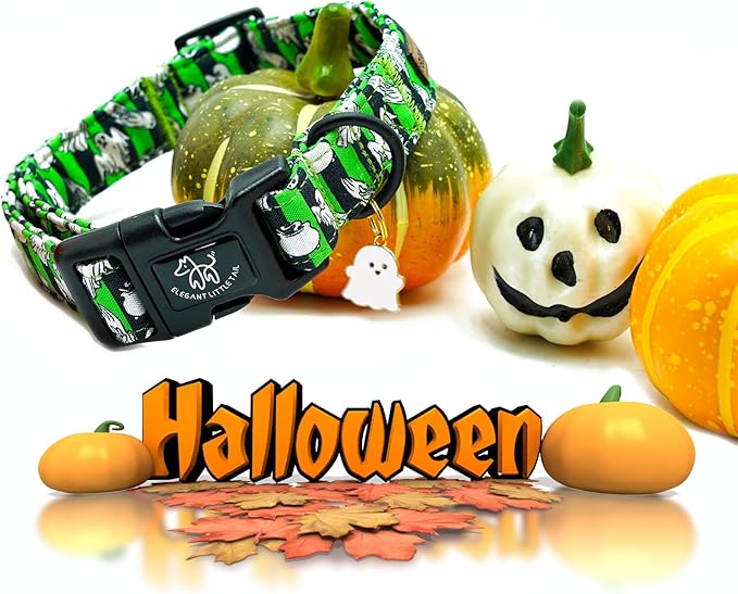 Elegant little tail Halloween Dog Collar, Ghosts Print Fall Male Cute Puppy Adjustable Cotton Pet Collar with Quick Release Buckle for Small Medium Large Dogs