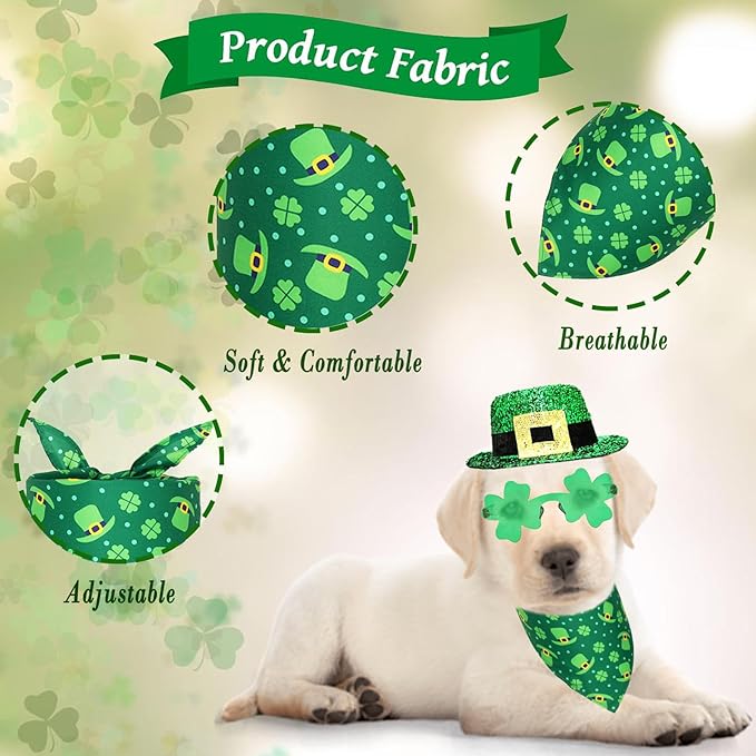 3 Pcs St Patrick's Day Dog Costume Leprechaun Pet Top Hat Irish Shamrock Bandana Green Four-Clover Sunglasses Triangle Bib Scarf Saint Patrick's Day Outfits for Medium Large Dogs