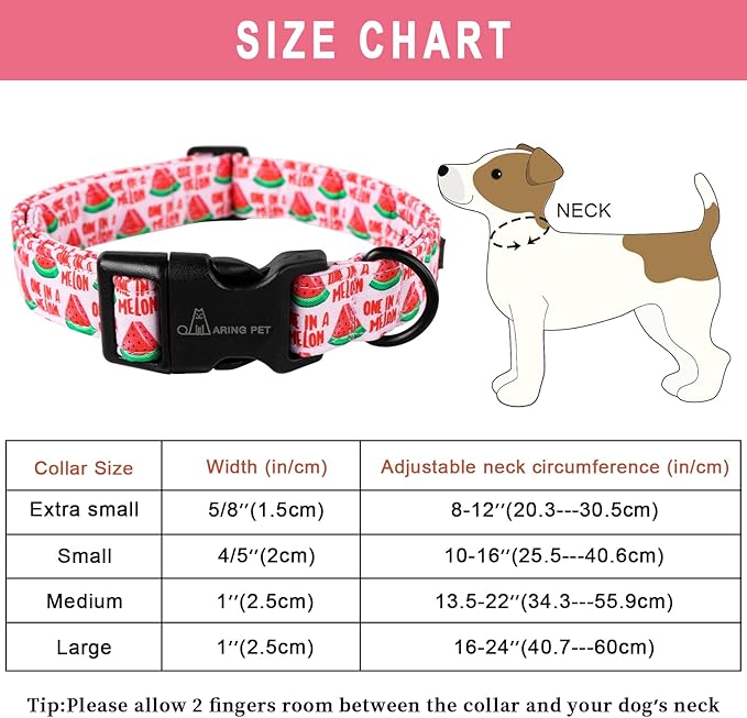 ARING PET Summer Dog Collar - Cute Watermelon Pattern for Small to Large Dogs, Adjustable Soft Cotton Girl Collars