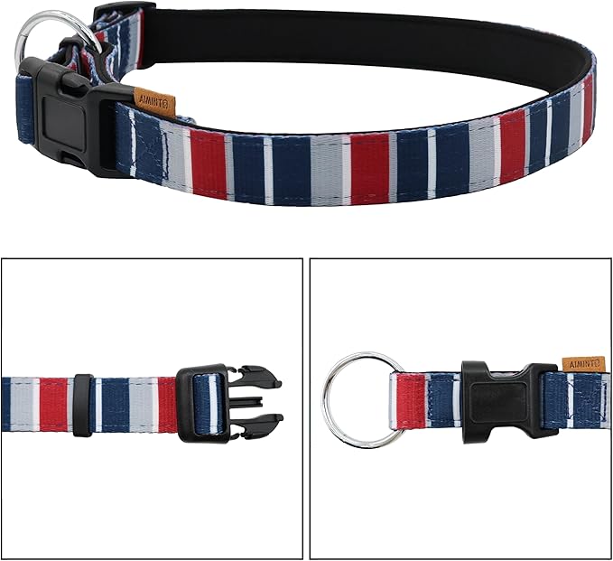 Dog Collar, Cute Multi Stripe Pattern, Neoprene Padded and Adjustable Collar with Quick Release Buckle, Reinforced Structure (L (Neck 18-28", Width 1"), Rainbow Navy)