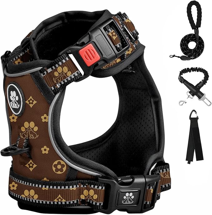 FURRYFECTION Dog Harness | No Pull Dog Harness | Reflective Oxford | Padded Handle | 4 Adjustable Straps | 2 Leash Clips | No Choke Pet Vest Harness for Small Medium Large Dogs | Dark Brown | M