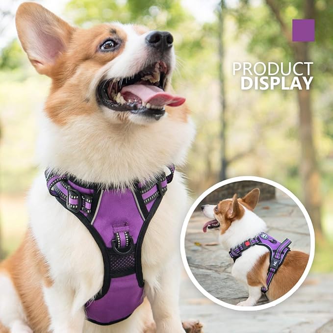 PoyPet No Pull Dog Harness, [Release on Neck] Reflective Adjustable No Choke Pet Vest with Front & Back 2 Leash Attachments, Soft Control Training Handle for Small Medium Large Dogs(Purple,XL)