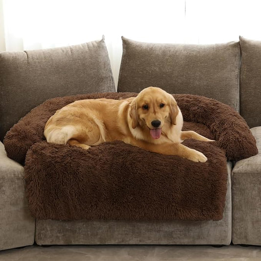 Calming Dog Bed Fluffy Plush Dog Mat for Furniture Protector with Removable Washable Cover for Large Medium Small Dogs and Cats (Extra Large (53x39.3x6), Coffee)