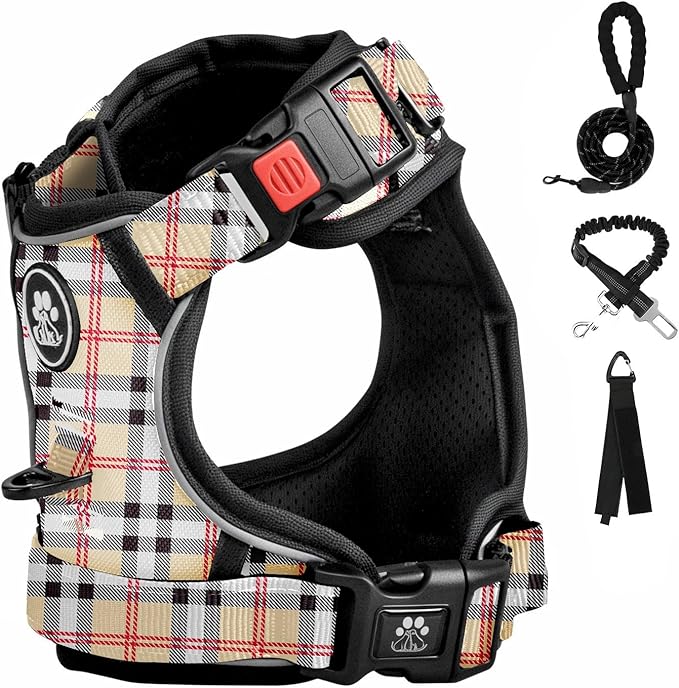 FURRYFECTION Plaid Dog Harness for Large Dogs | No Pull Reflective Pet Harness | No Choke Adjustable Dog Vest Harnesses | with Leash | Easy Control Handle | Front Lead | Seat Belt | Beige&White | L