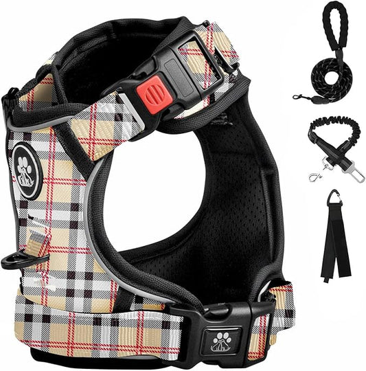 FURRYFECTION Plaid Dog Harness for Medium Dogs | No Pull Reflective Pet Harness | No Choke Adjustable Dog Vest Harnesses | with Leash | Easy Control Handle | Front Lead | Seat Belt | Beige&White | M