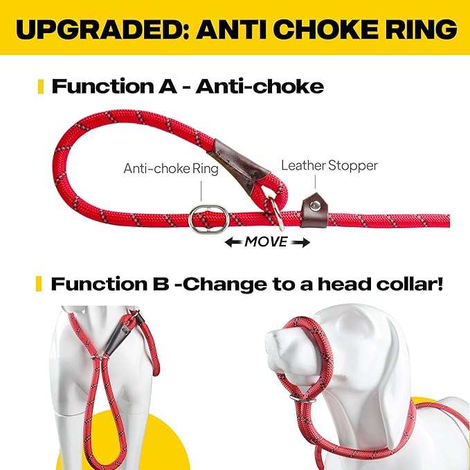 Fida Durable Slip Lead, 6 FT x 1/2" Heavy Duty , Comfortable Strong Rope for Large, Medium Dogs, No Pull Pet Training Loop Leash with Highly Reflective, Red