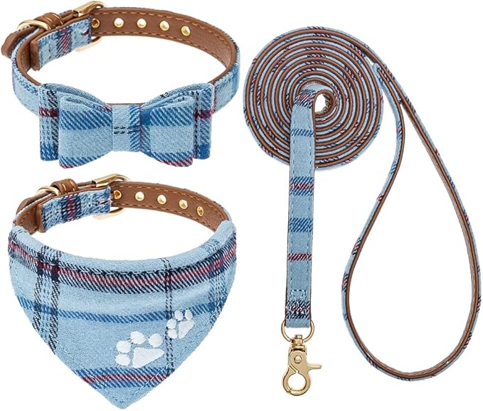 EXPAWLORER Dog Collar and Leash Set - Embroidery Pawprints Plaid Dog Collar and Dog Leash Set, Bow Tie and Bandana Dog Collar, Adorable Collar and Leash for Dogs Cats Outdoor Walking, Blue M