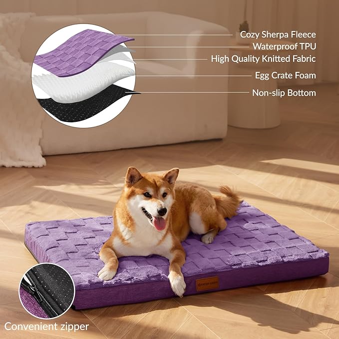 Patas Lague Orthopedic Dog Bed for Medium Dogs, Waterproof Soft Warm Comfortable Egg Crate Foam Medium Pet Beds Mat with Removable Washable Cover and Nonskid Bottom, 30''X20'' Purple