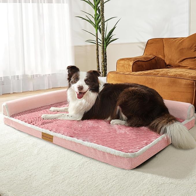 Patas Lague Orthopedic Dog Bed for Large Dogs Waterproof Comfortable L Shaped Medium Non-Slip Soft Warm Pet Sofa Sleep Bed mat with Removable Washable Cover 36''X24'' Pink