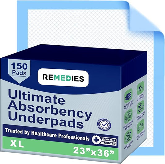 Remedies Disposable Bed Pads – 23" x 36", Large Incontinence Underpads for Adults, Seniors, Kids & Pets – 150 Count, Absorbent Chux Pads for Beds, Furniture & Dog Training
