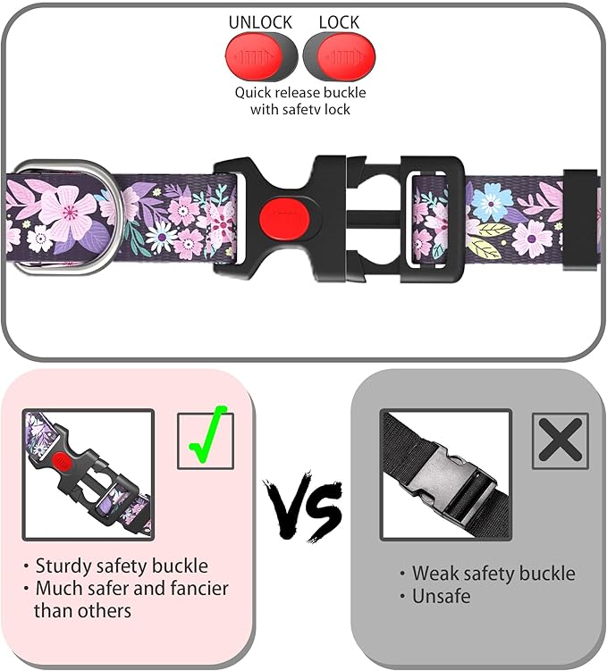 Cute Floral Dog Collar for Small Medium Large Dogs,Girl Female Dog Collars Soft Patterns Adjustable Pet Collar with Quick Release Safety Buckle for Puppy Breed Boy Dogs,Orchids Purple,L
